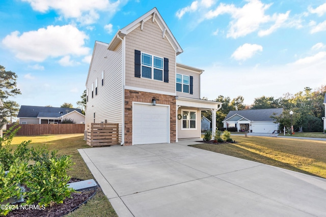 view of front facade with an attached garage, fence, stone siding, driveway, and a front lawn