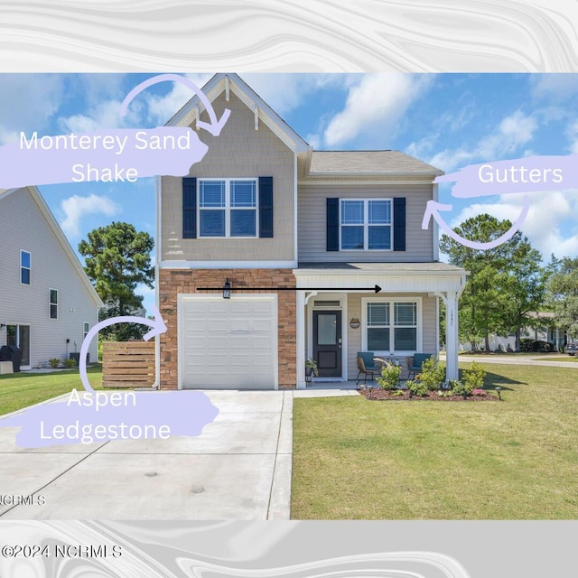 view of front of home featuring a front lawn and a garage