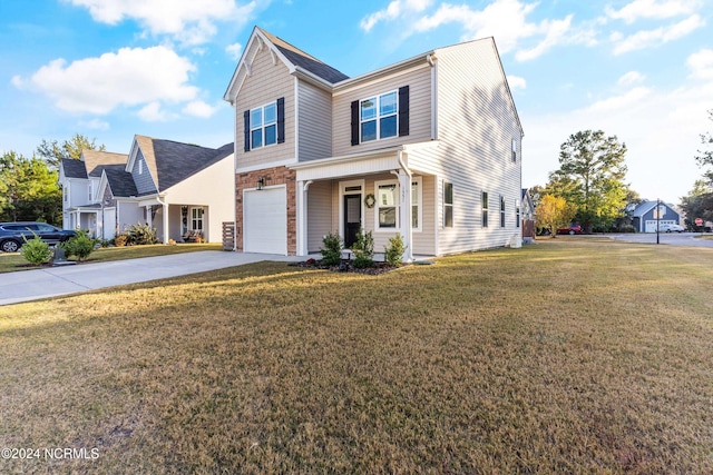 traditional-style home featuring an attached garage, concrete driveway, and a front yard