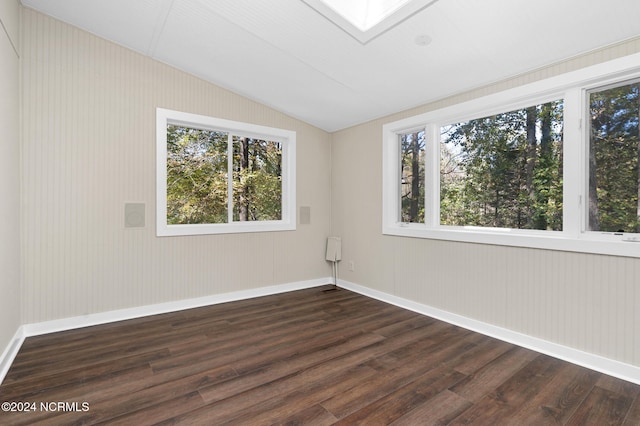 unfurnished room featuring lofted ceiling with skylight, dark hardwood / wood-style flooring, and plenty of natural light