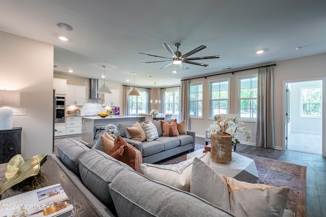 living room featuring ceiling fan