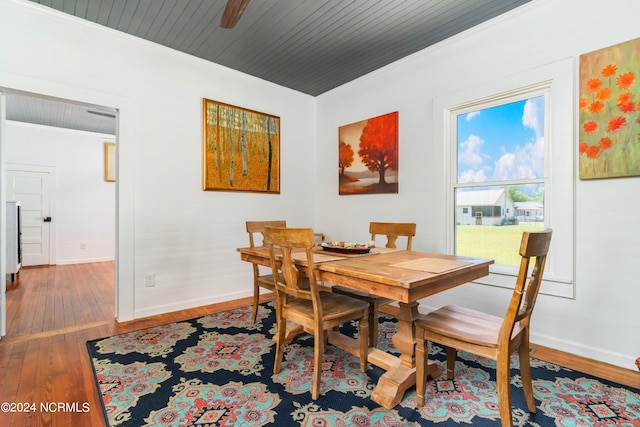 dining area featuring dark wood-type flooring and wooden ceiling