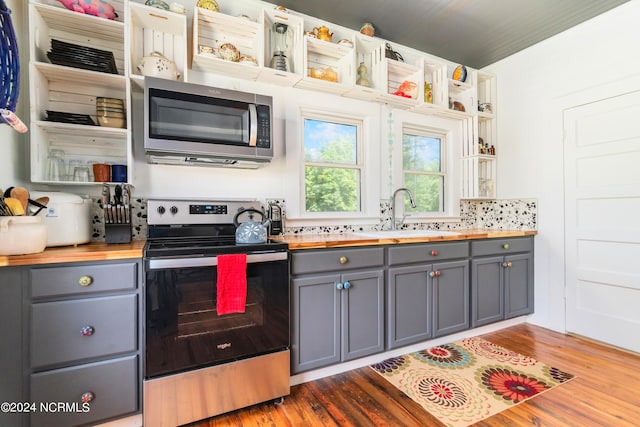 kitchen featuring sink, wood counters, gray cabinetry, and stainless steel appliances