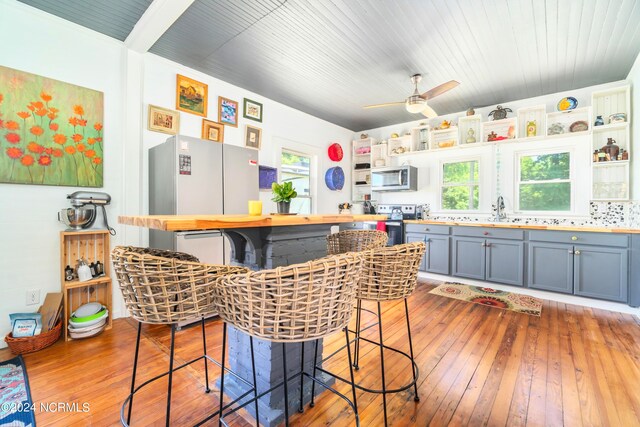 kitchen featuring ceiling fan, hardwood / wood-style floors, butcher block counters, sink, and appliances with stainless steel finishes