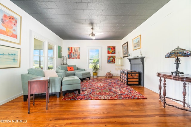 living room featuring ceiling fan and hardwood / wood-style flooring