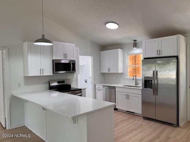 kitchen featuring hanging light fixtures, light hardwood / wood-style flooring, appliances with stainless steel finishes, sink, and vaulted ceiling