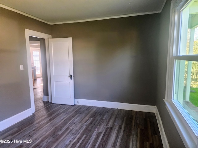 spare room featuring dark wood-style floors, baseboards, and ornamental molding