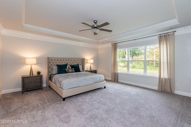 bedroom featuring carpet floors, a raised ceiling, multiple windows, and ceiling fan