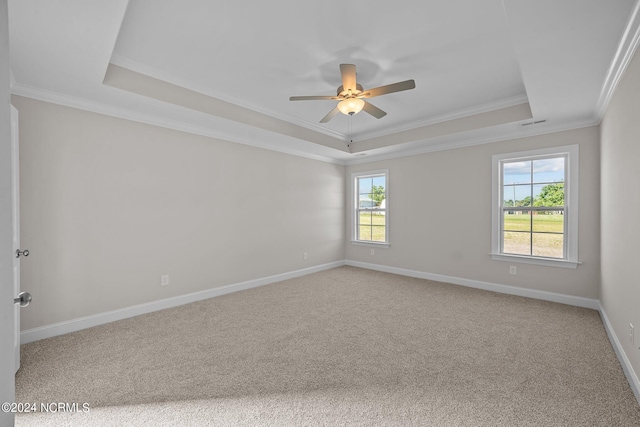 carpeted empty room with a raised ceiling, ornamental molding, ceiling fan, and baseboards