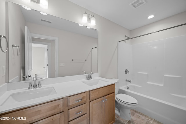 full bath featuring toilet, double vanity, shower / tub combination, and recessed lighting