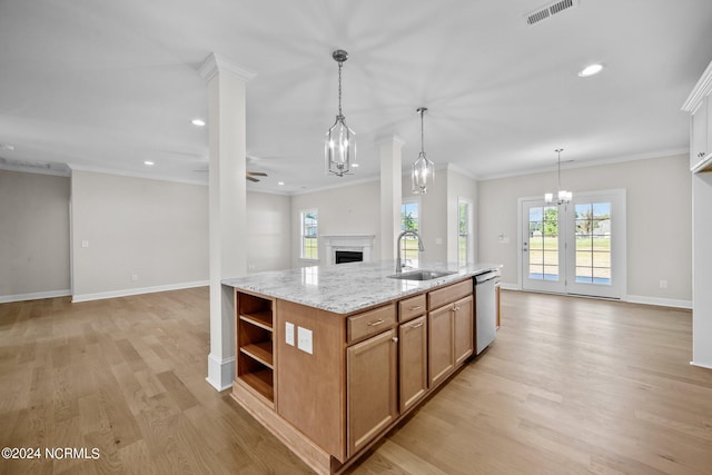 kitchen featuring a sink, open floor plan, light wood-style floors, stainless steel dishwasher, and open shelves