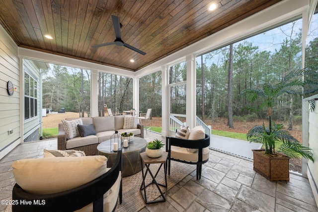 sunroom featuring wooden ceiling and ceiling fan