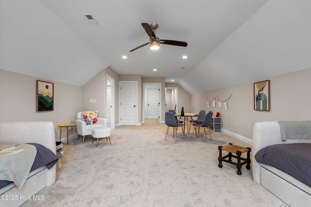 bedroom with lofted ceiling, light carpet, and ceiling fan