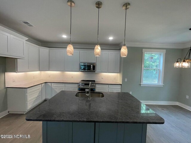 kitchen featuring light wood-type flooring, stainless steel appliances, an island with sink, and backsplash