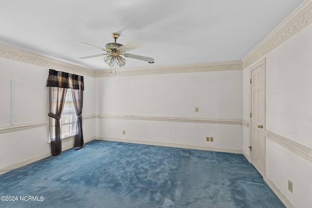 unfurnished room with ceiling fan, carpet, and ornamental molding