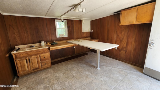 kitchen with rail lighting, light tile floors, ornamental molding, wooden walls, and a textured ceiling