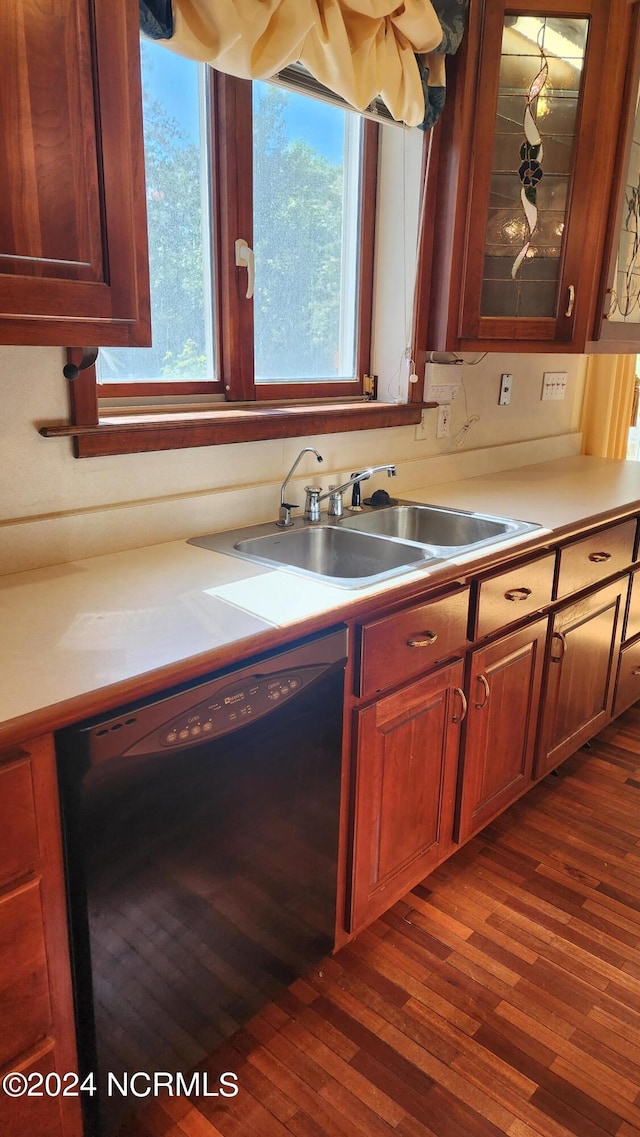 kitchen with sink, dishwasher, and dark hardwood / wood-style flooring