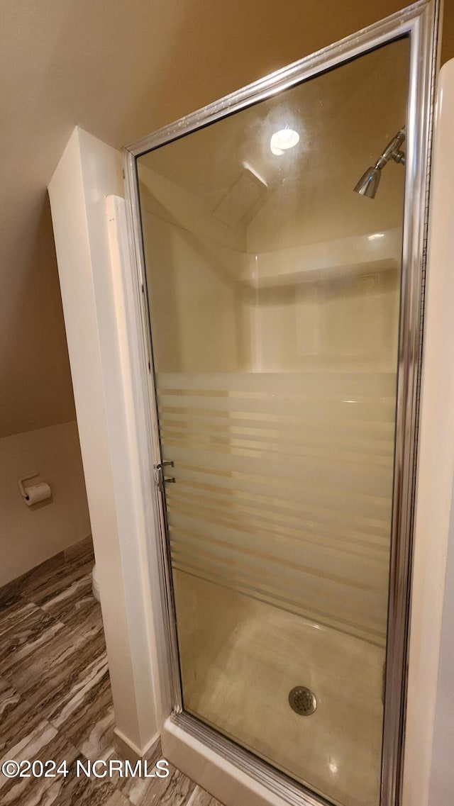 bathroom with walk in shower and hardwood / wood-style flooring