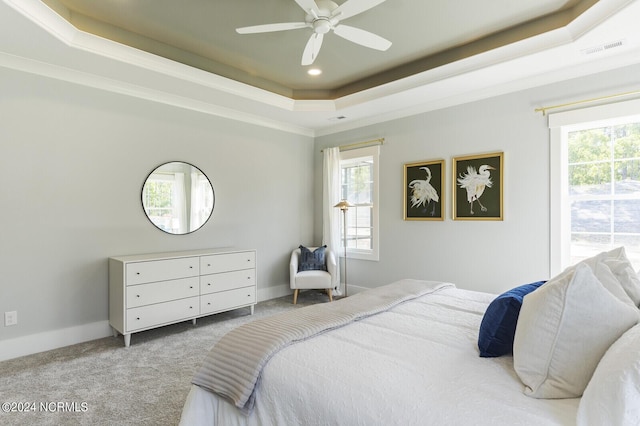 bedroom with recessed lighting, carpet, a raised ceiling, visible vents, and a ceiling fan