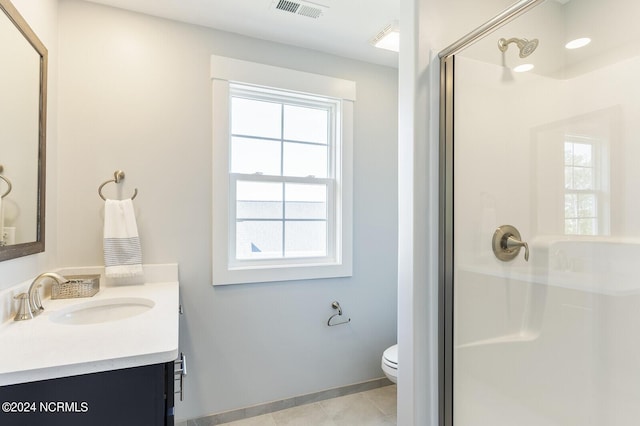 full bath featuring a shower stall, visible vents, toilet, and plenty of natural light