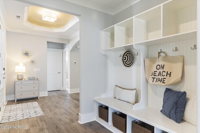 mudroom with a raised ceiling, wood-type flooring, and crown molding