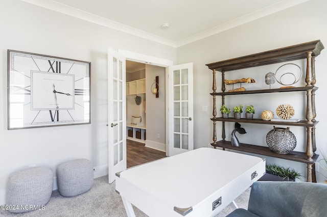 carpeted office featuring ornamental molding and french doors