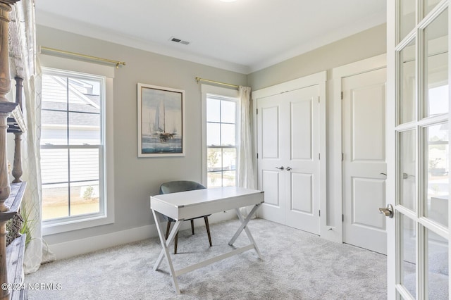 office featuring crown molding and light colored carpet