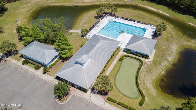 drone / aerial view featuring a water view