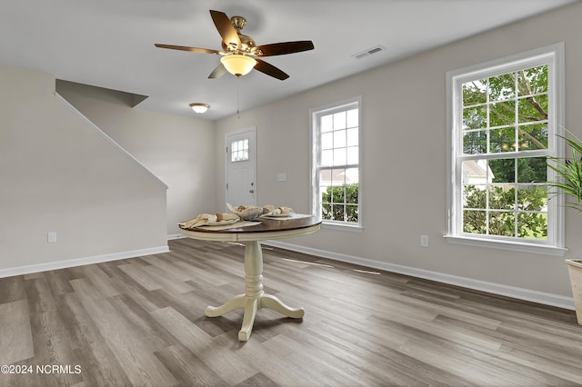 interior space with ceiling fan and light wood-type flooring