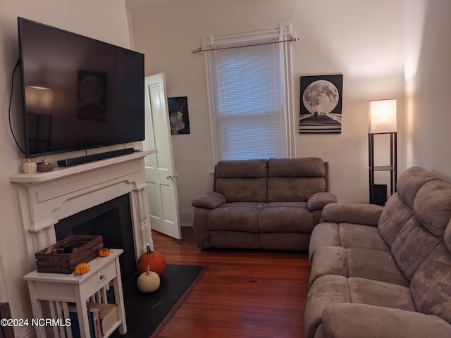 living room with dark hardwood / wood-style flooring