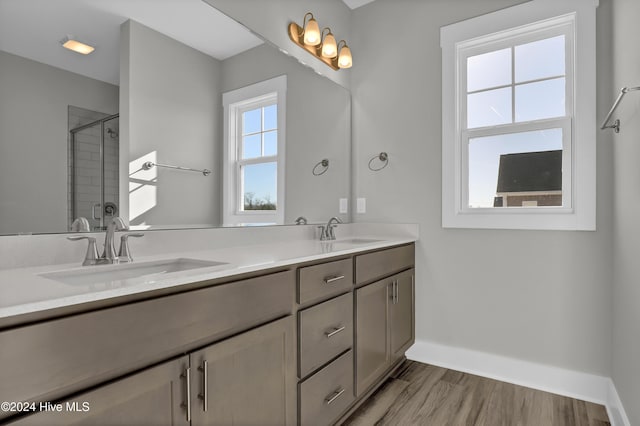 bathroom featuring hardwood / wood-style floors, vanity, and walk in shower