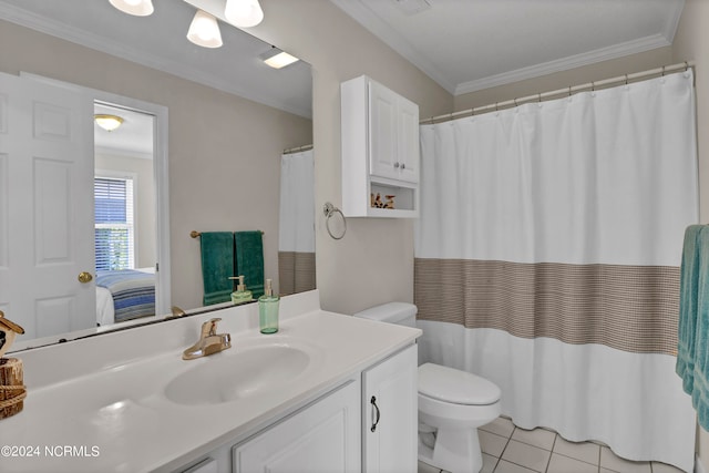 bathroom with toilet, tile patterned flooring, vanity, and ornamental molding