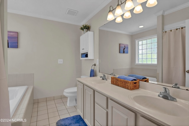 bathroom with tile patterned floors, ornamental molding, vanity, tiled bath, and toilet