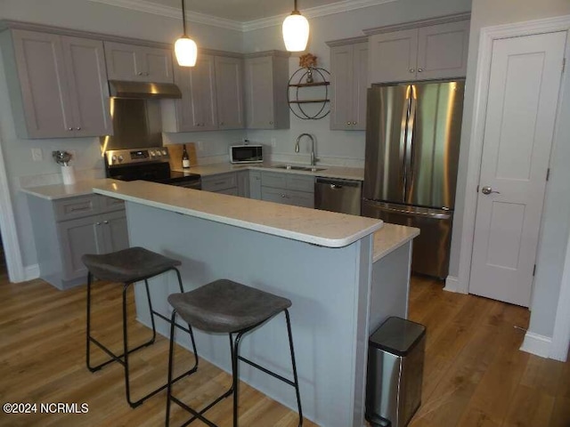 kitchen with stainless steel appliances, ornamental molding, wall chimney exhaust hood, wood-type flooring, and pendant lighting