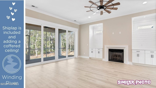 unfurnished living room with ceiling fan, light hardwood / wood-style flooring, and ornamental molding