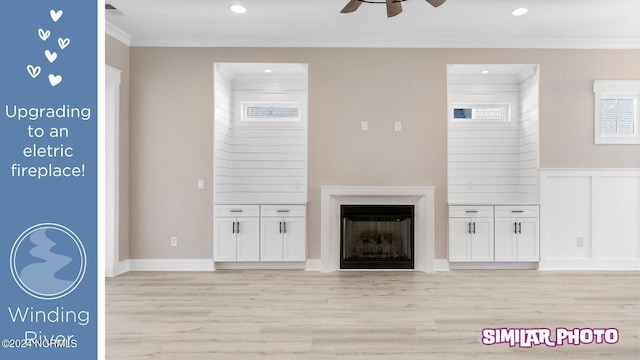 unfurnished living room featuring light hardwood / wood-style flooring, ceiling fan, and crown molding