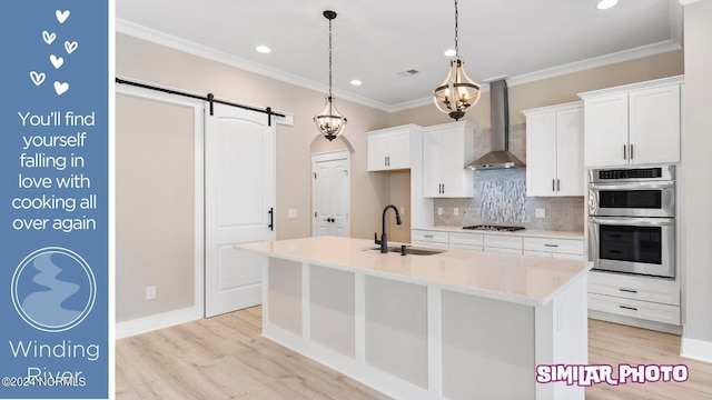 kitchen with sink, wall chimney exhaust hood, a barn door, an island with sink, and appliances with stainless steel finishes