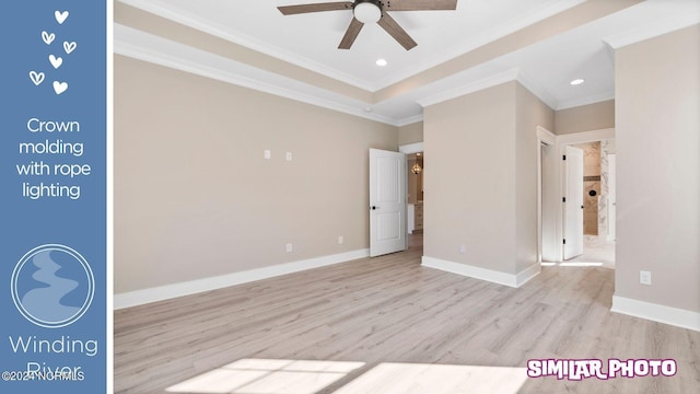 spare room featuring light hardwood / wood-style floors, ceiling fan, and crown molding