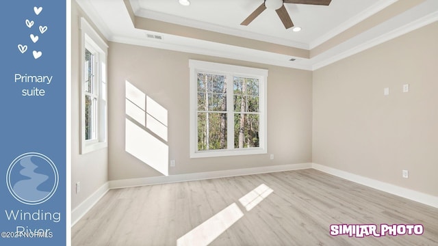 unfurnished room with plenty of natural light, ornamental molding, and a tray ceiling