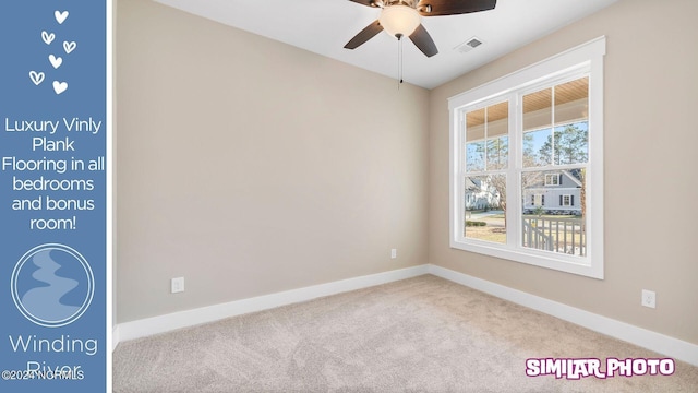 unfurnished room featuring carpet flooring and ceiling fan