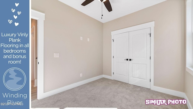 unfurnished bedroom featuring ceiling fan, light carpet, and a closet