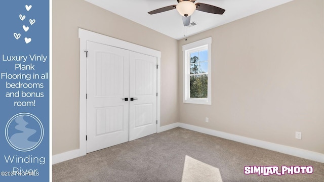 unfurnished bedroom with carpet flooring and ceiling fan