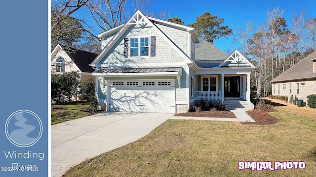 craftsman inspired home featuring a porch, a garage, and a front lawn