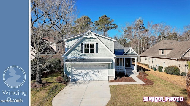 view of front facade featuring covered porch, a garage, and a front lawn