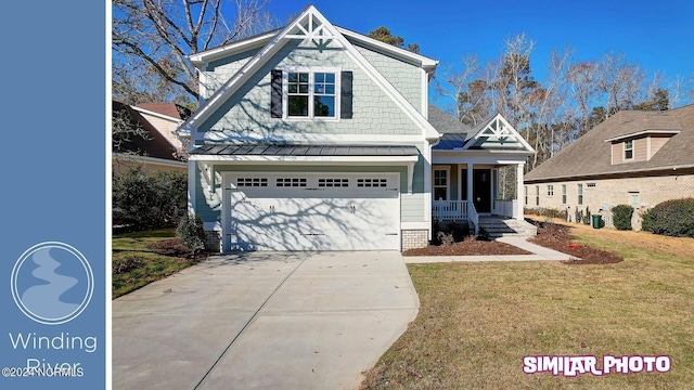 craftsman-style house featuring a front yard, a porch, and a garage