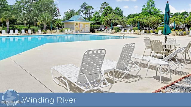 view of swimming pool featuring a patio area