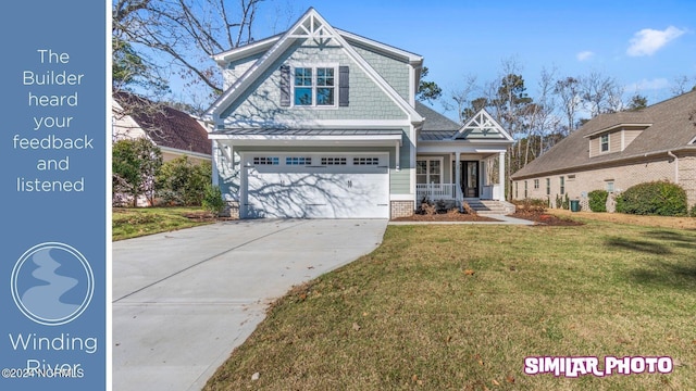 craftsman house with a porch, a garage, and a front lawn