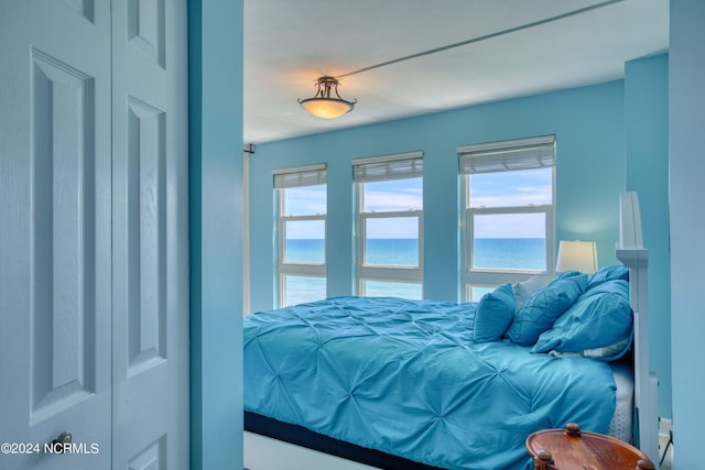 bedroom featuring a water view