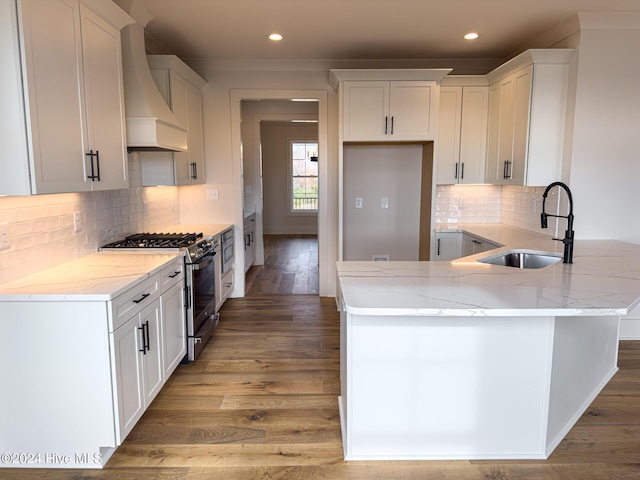 kitchen featuring white cabinets, sink, stainless steel appliances, and custom exhaust hood