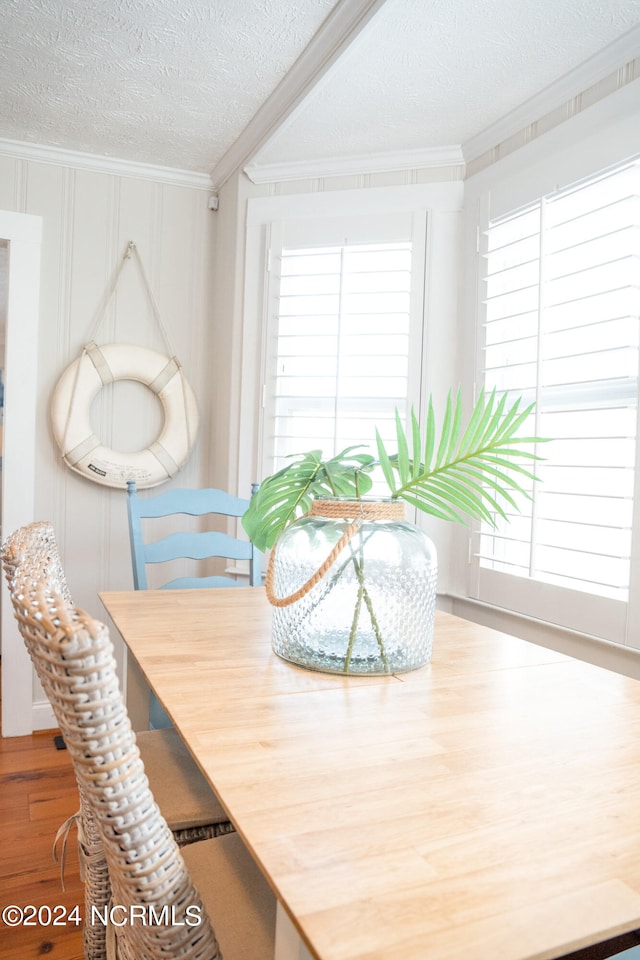 dining space with crown molding, a textured ceiling, and plenty of natural light